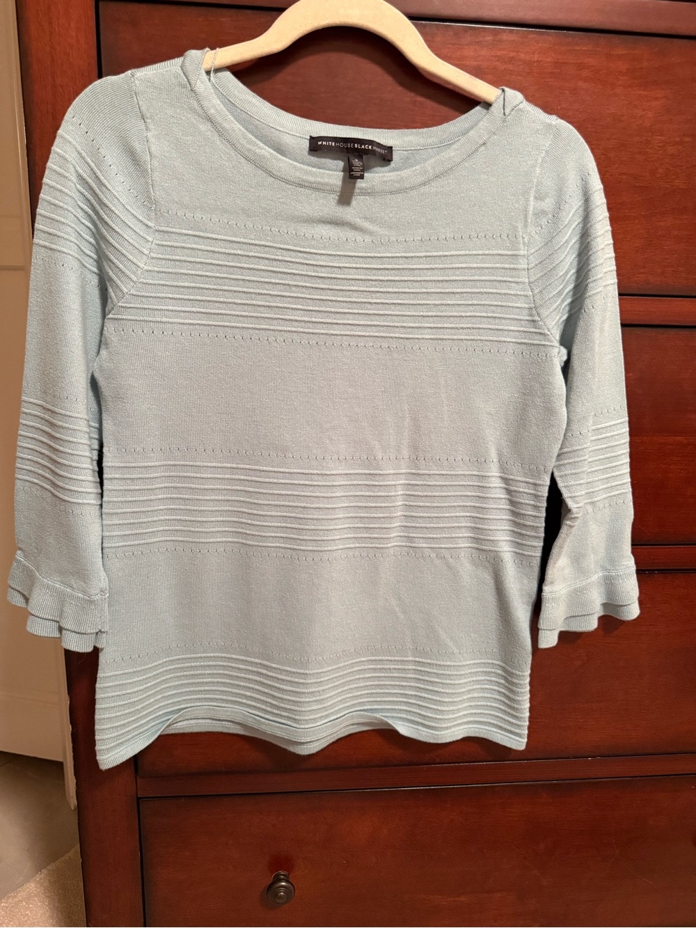 White House Black Market Light Blue Ruffle-Cuff Knit Top